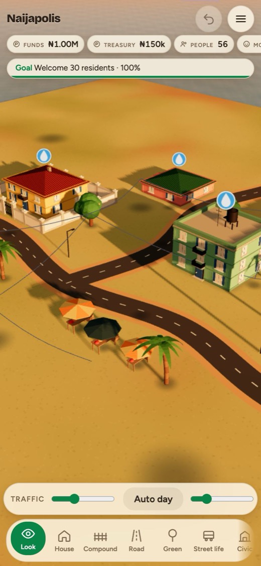 Naijapolis on a phone: a small town with the build tools along the bottom and the funds and goal at the top.